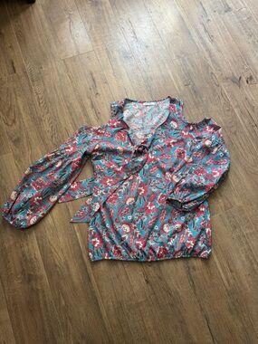 Floral Cold-Shoulder Blouse in Teal & Coral